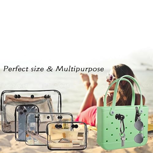 3 Packs Clear Beach Tote Bag Accessories suitable for Bogg Bag Insert Bag with 2 Hooks Key Holder Travel Cellphone Makeup Bags Toiletry Brush Organizer Cosmetic Divider Storage Inner Pouch -Black