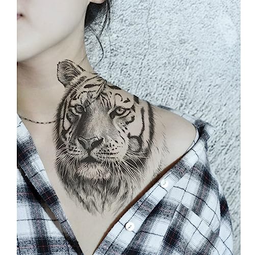 2 Sheets Realistic Animal Temporary Tattoos Stickers Sketch Lifelike Tiger Power Designs For Men Waterproof Arm Leg Fake Body Art, Gym & Parties Bold Masculine Decals
