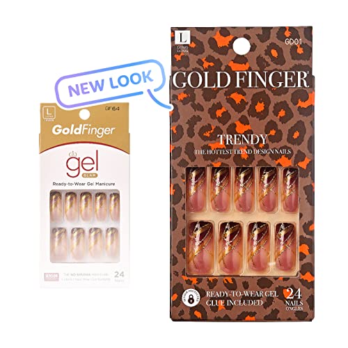 KISS Goldfinger Gel Glam Press on Nail Dark Brown Glitter French Full Cover Luxurious Design, Square Shape, Medium Length, Mini Glue Included GF64