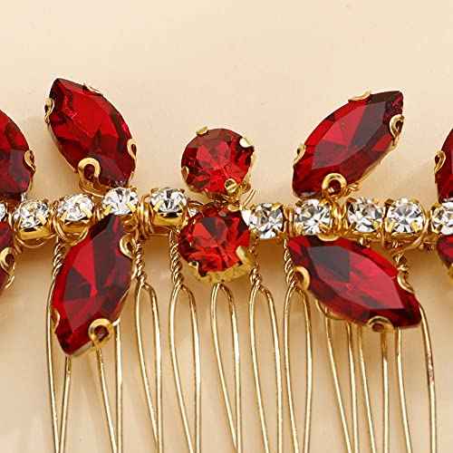 Teyglen Bridal Red Crystal Hair Comb - Rhinestone Headpiece for Brides, Women, and Girls