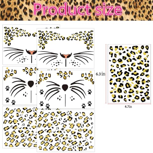 6 Sheets Leopard Print Temporary Tattoos Fake Cheetah Full Face Tattoo Stickers for Women Men Halloween Costume Accessories Leopard Face Body Makeup Decoration Party Supplies, 3 Styles
