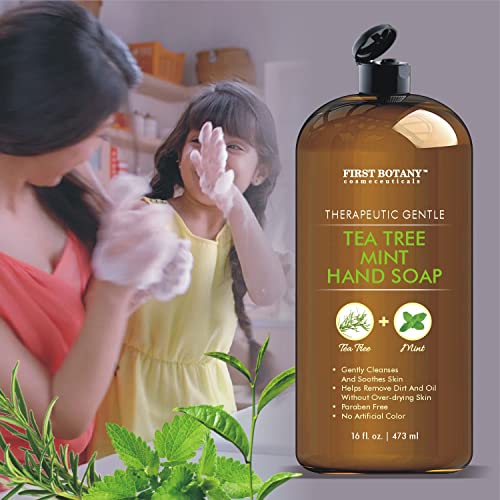 First Botany Tea Tree Mint Hand Soap - Liquid Hand Soap with Peppermint, Jojoba & Coconut Oil Multipurpose Liquid Soap Natural Bathroom Soap & Liquid hand wash - 16 oz