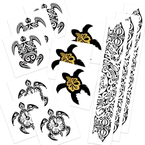 Polynesian Style Temporary Tattoos/Black and Metallic Gold Color/Sea Turtles - Sun - Hibiscus Designs (Turtle Trio 12pk)