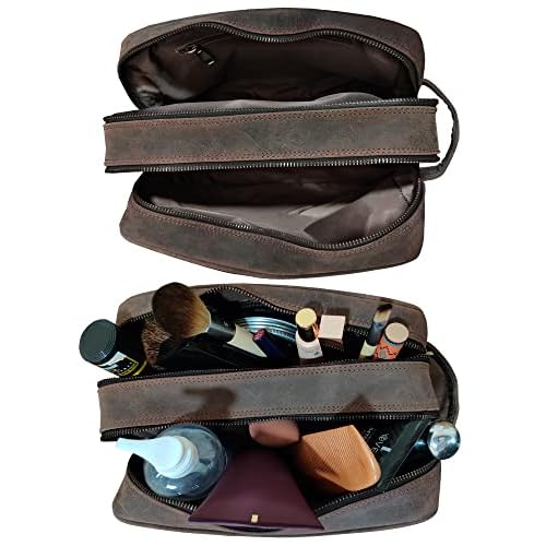 RUSTIC TOWN Full Grain Leather Travel Toiletry Bag - Cosmetic Ditty Kit Organizer (Dark Brown)