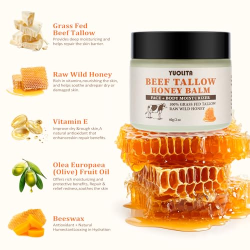 Beef Tallow for Skin, Beef Tallow and Honey Balm, Unscented Grass-Fed Beef Tallow & Raw Wild Honey Balm, All-Natural Moisturizer Hydrating Nourishing for Face & Body - 2 oz
