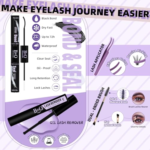 B&Qaugen B&Q Eyelash Extension Kit with Bottom Lash Extension 10-18mm 40D D Curl Lash Clusters Kit with Bottom Lashes DIY Lash Extension Kit Bond and Seal Lash Applicator (Kit-40D-D-MIX10-18)