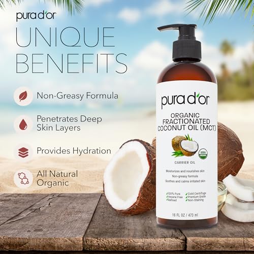PURA D'OR 16 Oz ORGANIC Fractionated Coconut Oil ? USDA Certified ? MCT Oil ? Therapeutic, Hydrating, Lightweight Moisturizer ? Hexane Free Carrier Oil For Essential Oils & Massage ? Face, Hair & Body