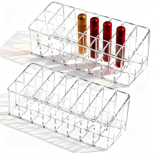 2 Pcs Rollerball Perfume Organizer, 24 Spaces Acrylic Perfume Storage Holder, Clear Beauty Scent Holder, Makeup Display Case Organizer for Lipstick Lip Glosses Brushes Perfumes Sample Mascara