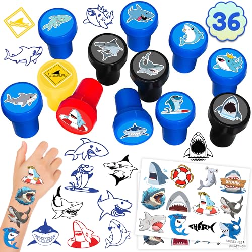 36PCS Shark Party Favors - 24PCS Temporary Tattoos & 12PCS Stamps - Ideal Beach Ocean Animal Themed Birthday Card Decorations Supplies Goodie Bag Cute Rewards for Boys Girls Classroom Gifts