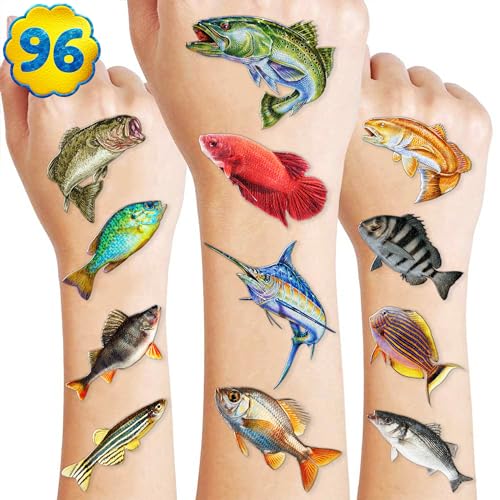 Pre-Cut Fishing Temporary Tattoos - Gone Fishing Fish Lake 96PCS Funny Fish-Themed Stickers for Kids' Birthday Party Supplies, Decorations, Favors, and Prizes - Cute Gifts for Boys and Girls