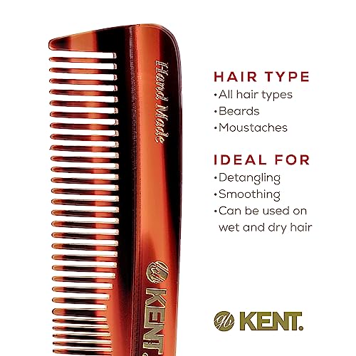 Kent R7T Double Tooth Hair Pocket Comb, Small Coarse/Wide Comb for Hair, Beard, and Mustache Grooming for Men, Women, and Kids - Saw Cut, Hand Polished, Handmade in England