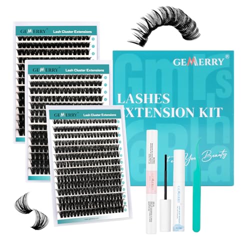 GEMERRY Lash Clusters DIY Lash Extension Kit 60D+80D+100D D Curvature Individual Lashes Eyelash Extension Kit 280 pcs Thin Band Cluster Lash Bond and Seal Tweezers with Lash Remover