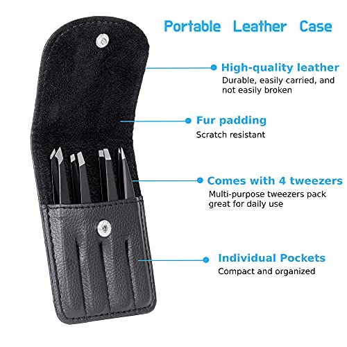 Rikans Precision Tweezers Set ? Pack of 4 Black Professional Tweezers ? Handy Carry Pouch ? Superior Stainless Steel Tweezer Set ? Splinters, Eyebrows, Facial or Ingrown Hair ? Blackheads Remover