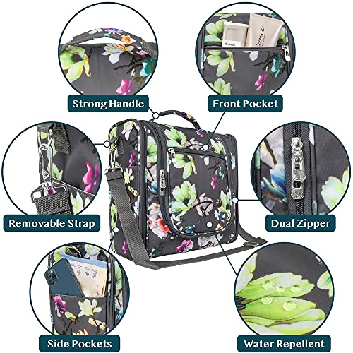 PAVILIA Extra Large Toiletry Bag Travel Bag for Women Men, Hanging Cosmetic Organizer, Water Resistant Makeup Bag for Accessories Toiletries, Travel Essentials Kit (Floral Grey)