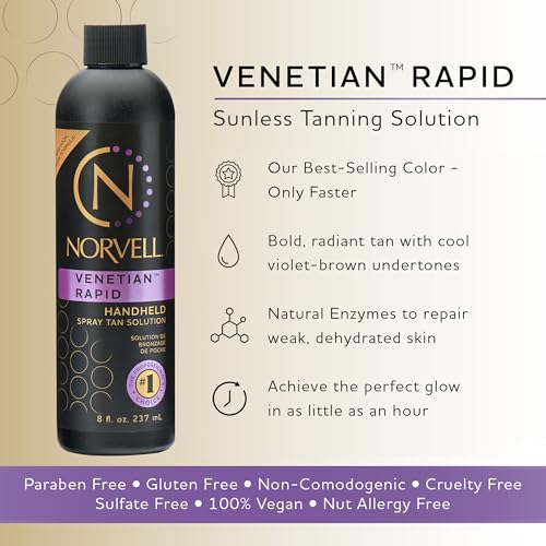 Norvell Premium Rapid Spray Tan Solution Venetian One 8 fl oz ? Professional Sunless Tanning Formula for Ultra Fast Natural Bronze Glow, Streak Free, Fast Drying, Long Lasting Color