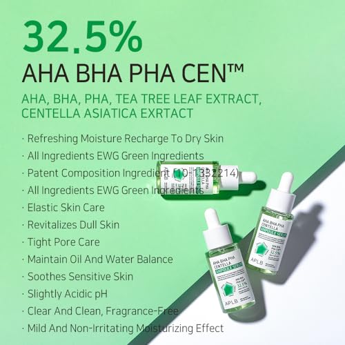 APLB AHA BHA PHA Centella Ampoule Serum | AHA BHA PHA CEN¢â 32.5% 1.35 FL.OZ/Korean Skincare, Exfoliant, Long lasting moisturizing, Revitalize for gentle and improve skin texture