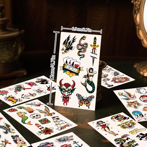 76 Pcs Retro Temporary Tattoos Classic Old School Colorful Tattoos Stickers Flowers Snake Adult Men Women Body Art