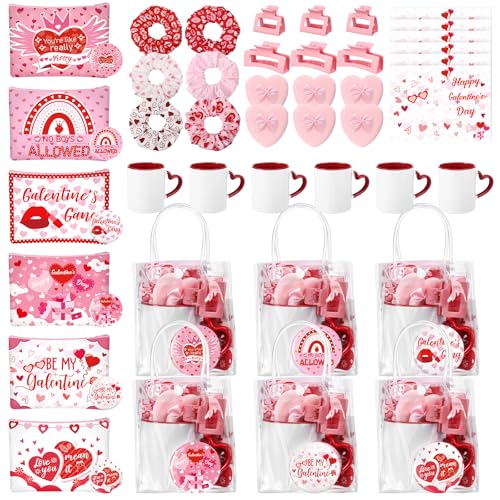 48 Pcs Galentine's Day Gifts Set Include Hairpin, Hair Scrunchies, Mug, Makeup Bags, Cards, Makeup Puff, Clear Gift Bag, Mirrors for Women Galentines Day Party Favors Bestie Valentine Friend
