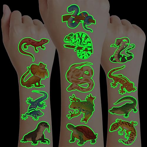 96PCS Reptile Animal Safari Jungle Lizard Pre-Cut Luminous Glow in the dark Temporary Tattoos for Kids | Super Cute Theme Birthday Party Favors Supplies Decorations, Fake Tattoos Gifts for Boys Girls