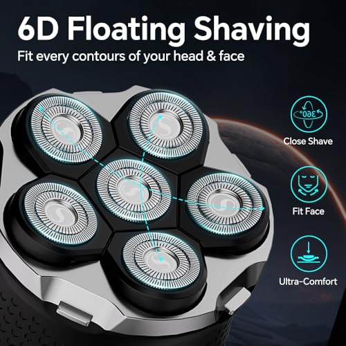 Electric 6D Floating Head Shavers for Bald Men, Magnetic Rotary Shaver for Men Face,Wet Dry IPX6 Men's Razor, LED Display Rechargeable with USB-C Charge