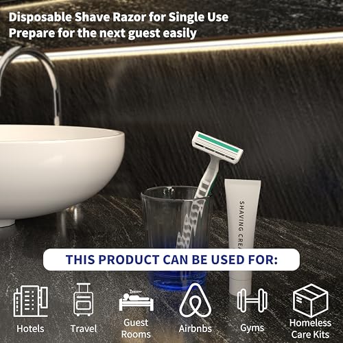 3 Blades Disposable Razors with Cream 50PCS Set for Men & Women, Individually Wrapped Portable Toiletries Amenities for Hotel, Airbnb, Homeless, Shelter, Charity, Camping and Travel On The Go