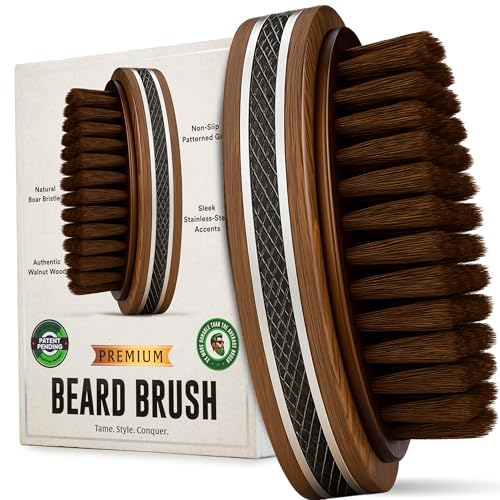 Premium Handmade 4.5" Boar Bristle Beard Brush for Men ? Natural Walnut Wood & Non-Slip Rubber Grip ? Men¡¯s Grooming Brush for Short, Medium & Long Beards ? Mustache & Beard Care Tool ? Alpha Organics