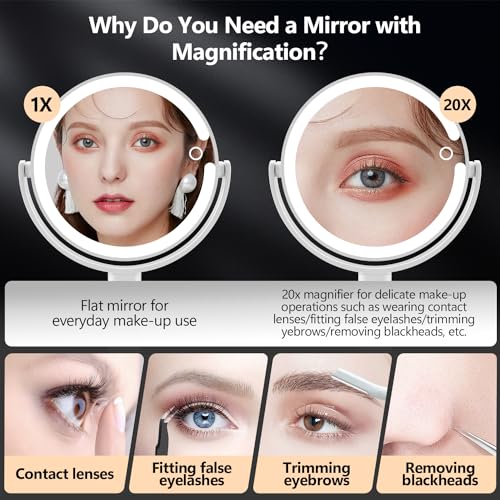 MIYADIVA Makeup Mirror with Lights, 20X Magnifying Mirror with Light and Touch Switch, Vanity Mirror with 3 Color Light