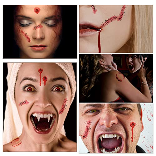 10 Sheets Halloween Zombie Makeup Temporary Tattoos, Realistic Fake Scar Bloody Wound Stitch Tattoo Stickers Waterproof for Halloween Party Cosplay