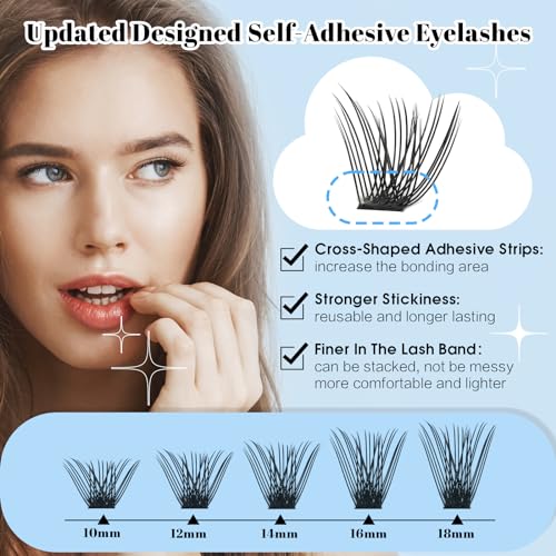 KevKev Self Adhesive Eyelashes 40Pcs Press On Lashes No Glue Needed Self Adhesive Lash Clusters Reusable Pre-Glued Eyelashes with Tweezers DIY Lash Extension Kit for Beginners (Caramel, D-10-18mix)