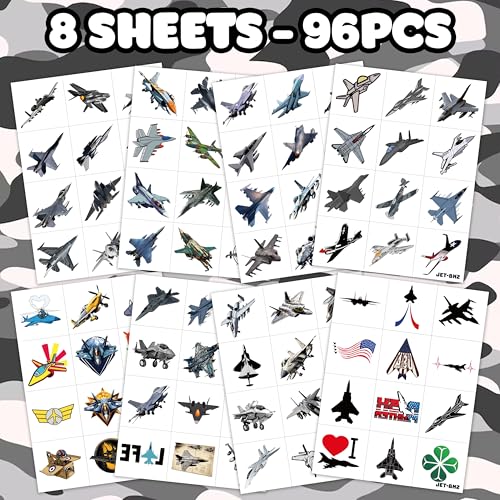 96PCS Jet Temporary Tattoos Pre-Cut Fighter Jet Birthday Party Decorations Party Favors Supplies Aircraft Plane Airplane Military Tattoos Stickers for Kids Boys Girls Gifts (Normal)