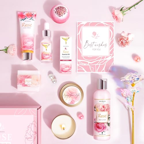 Gifts for Women, Happy Birthday Gifts for Women, Mothers Bath and Body Gift for Woman with Unique Rose Self Care Gift, Home Spa Gift Basket for Mom, Girlfriend, Sister, Female Friends, Coworker