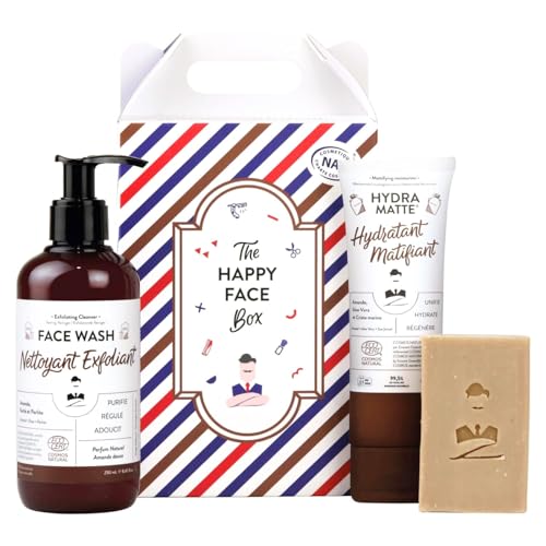 Happy Face Skincare Gift Set for Men | Exfoliating Face Wash, Mattifying Moisturizer Cream & Rhassoul Soap Bar Body Brick Gift Basket for Him Husband Dad Made in France