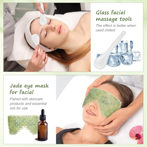 4 Pcs Jade Eye Mask & Skin-Safe Glass Facial Massage Tool, Jade Cooling Mask & Gua Sha Therapy Roller for Skincare Relieve Puffiness, Anti-Aging, Stress Relief