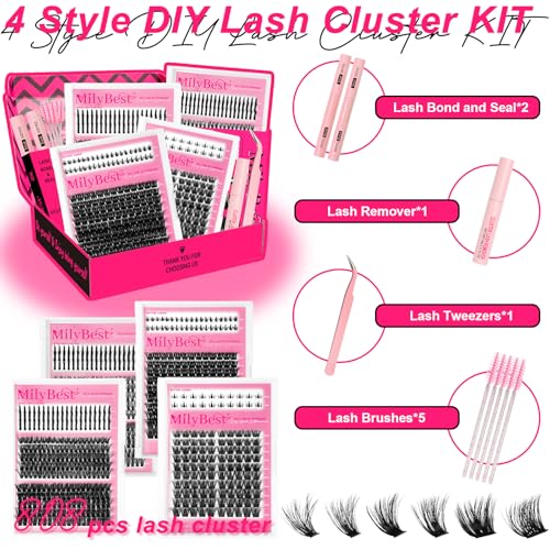 MilyBest Lash Clusters Kit 808Pcs Eyelash Clusters with Spikes and Bottom Lashes Clusters D Curl 4 Styles Lash Kit Fluffy DIY Individual Eyelashes Glue Wispy Cluster Eyelash Extensions Kit De Pesta?as