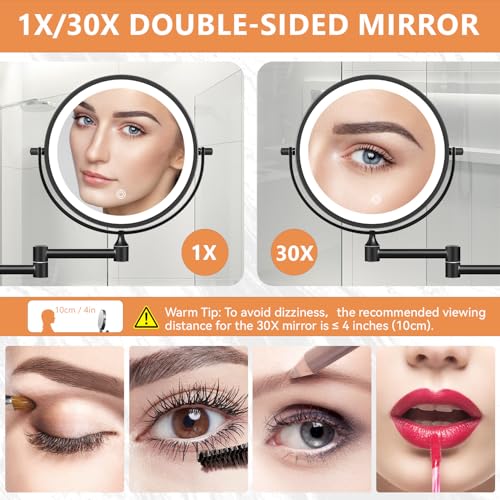 Auxmir 1X/30X Wall Mounted Lighted Makeup Mirror, 8" Rechargeable Double-Sided Magnifying Mirror with Light, Touch Dimmable 3 Color Light, 360¡Æ Rotation Foldable Extended Arm, Black
