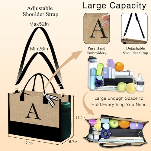 YOOLIFE 3 Pcs Initial Jute Tote Bag & 2 Pcs Initial Makeup Bag Personalized Gifts for Women Teen Girls