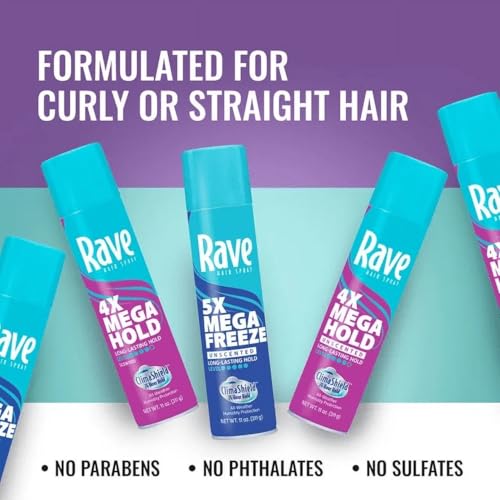 Rave 4X Mega Unscented Aerosol Hairspray - Hair Spray for High Humidity Weather - 24-Hour Lasting Hold - Vitamin-Enhanced Hair Volume Spray - 2 pc