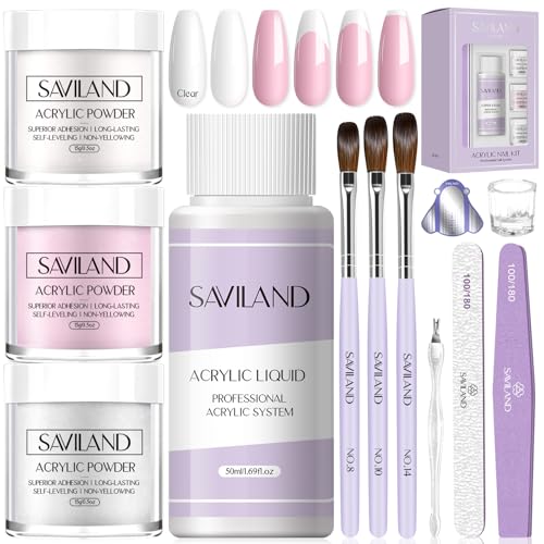 Saviland Acrylic Nail Kit for Beginners: 3 Colors Acrylic Powder, 50ml Acrylic Liquid, #8/10/14 Brushes, 100Pcs Nail Forms & Manicure Tools Professional Nail Kit Acrylic Set