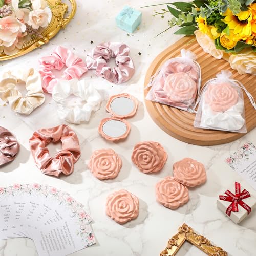 XunYee 30 Sets Rose Compact Mirror Bulk Bridal Shower Favors for Guests Souvenir Gifts Hair Ties Elastic Scrunchies, Thank You Card and Organza Bags for Wedding Valentines Quinceanera(Pink)