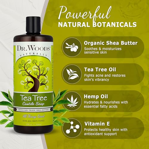 Dr. Woods Tea Tree Liquid Castile Soap - Castile Soap with Pure Tea Tree Oil, Body Wash for Men and Women, Organic Shea Butter, Natural Cleaner for Face, Hands, and Body - 32 Fl Oz, Pack of 3