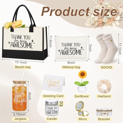 Zopeal 10 Pcs Appreciation Gifts Thank You Gifts Set for Women with Canvas Tote Bag Candle Glass Tumbler Socks Bracelet Makeup Bag for Friend Coworker Teacher Employee Birthday Gift