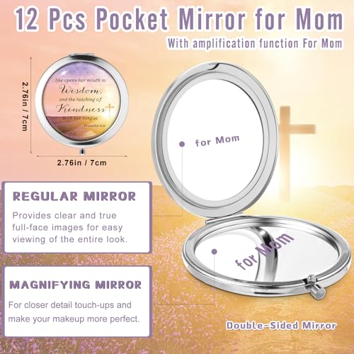 12 Sets Mother's Day Church Gifts Bulk Christian Compact Makeup Mirror Bible Verse Round Pocket Mirror with Gift Cards Organza Bags for Women (3 Style)