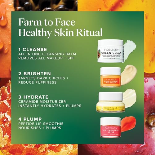 Farmacy Bestsellers Skin Care Set - Includes Green Clean Cleansing Balm, Wake Up Honey Eye Cream, Honey Halo Face Moisturizer + Lip Smoothie - Travel Size Skincare for Healthy, Glowing Skin (4 Count)