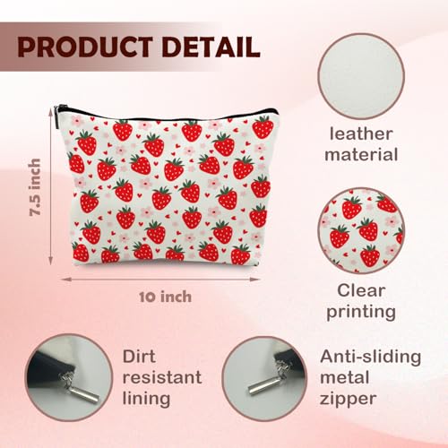 Red Strawberry Makeup Bag Cosmetic Bag, Cute Strawberry Stuff, Strawberry Gifts for Women, Cut Strawberry Small Makeup Bag for Purse (PU)