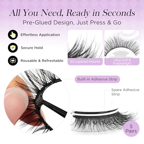 BEYELIAN Self Adhesive Eyelashes Natural Look, Pre Glued Wispy False Lashes No Glue Required, Faux Mink Eyelashes 5 Pairs ZCV-204