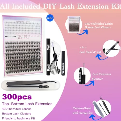DAODER Natural Lash Clusters Kit with Bottom Lashes 40D Wispy Lash Extensions Kit Fluff Eyelash Extension Kit with Lash Remover 300pcs(40D+Bottom Lash Clusters Kit)