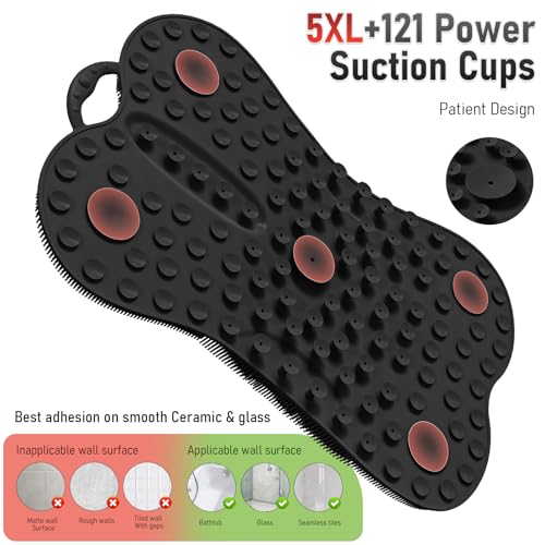 Back Scrubber Shower Bathtub Tub Body Bath Cushion Back Lumbar Support - Silicone Ergonomic Extra Large Thick Soft Seat Paded Non-Slip Suction Cups Relaxing Spa Exfloating Scrubber Mat Black