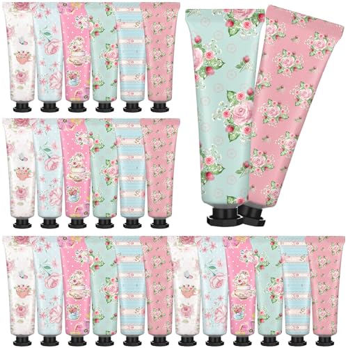 Tea Party Hand Cream Gift Set Wonderland Floral Tea Party Favor Flower Moisturizing Hand Lotion Bulk Dry Cracked Care Cream Teapot Favor Boxes Treat Gift Goodie for Baby Shower, 30 ml(24 Pcs)