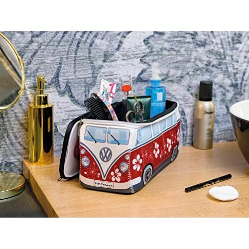 BRISA VW Collection - Volkswagen Neoprene Universal Makeup Cosmetics Toiletry Travel Pharmacy Bag in T1 Bus Design (Hibiscus/Red) (Large (11.8 x 5.5 x 4.7 inches))