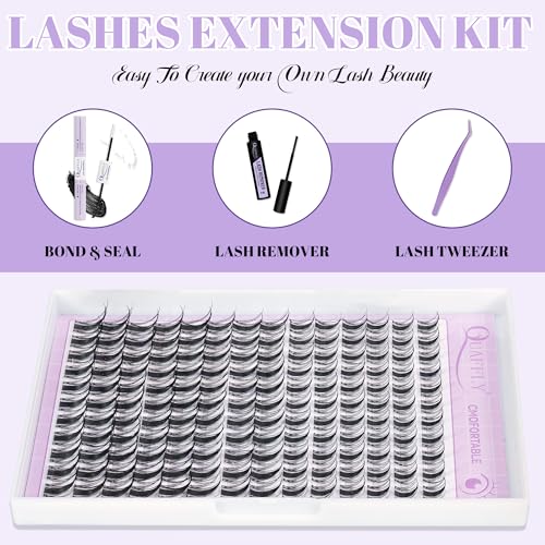 Lash Extension Kit - 10-18mm Invisible Transparent Band Lashes with Bond&Seal & Remover and Tweezers for Easy Self-Application, Natural Wispy Cluster Extensions (D-Mix10-18mm kit)